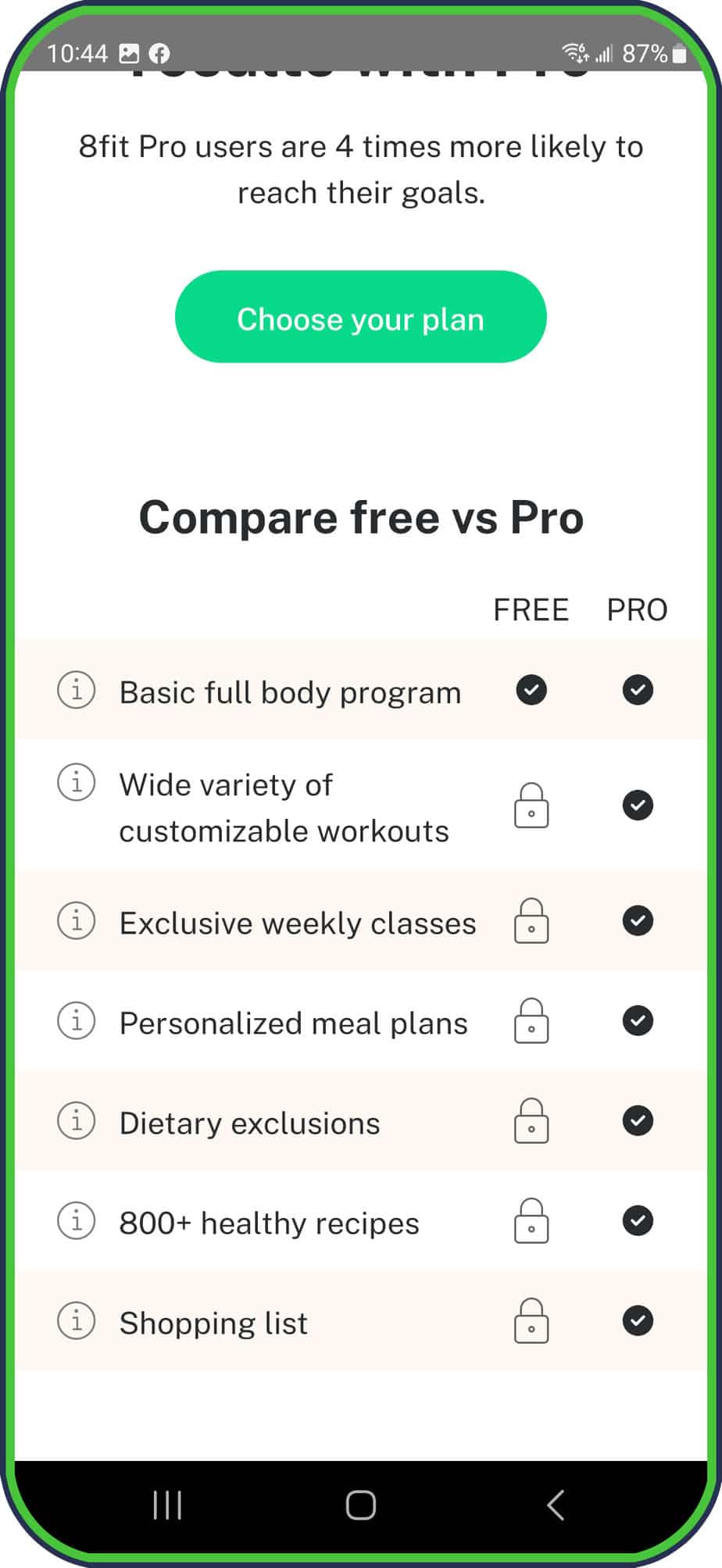 8Fit Free vs Pro plan
