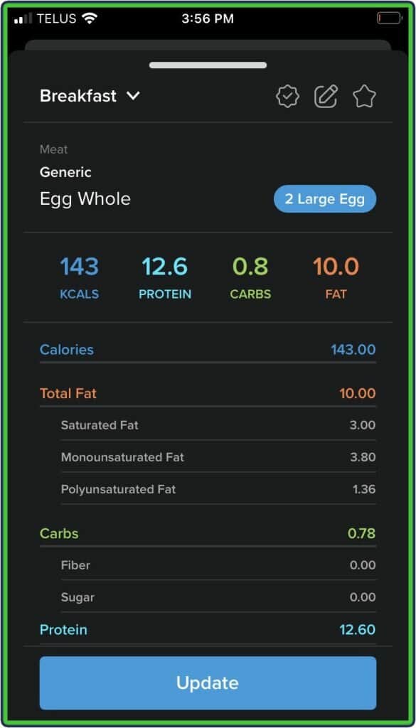 Mymacros+ food nutrients