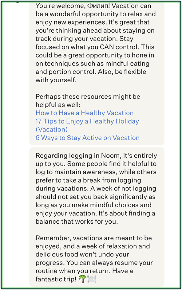 Noom Guides - tracking nutrition while on vacation: question and answer