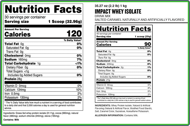 Transparent Labs and MyProtein nutrition facts panel